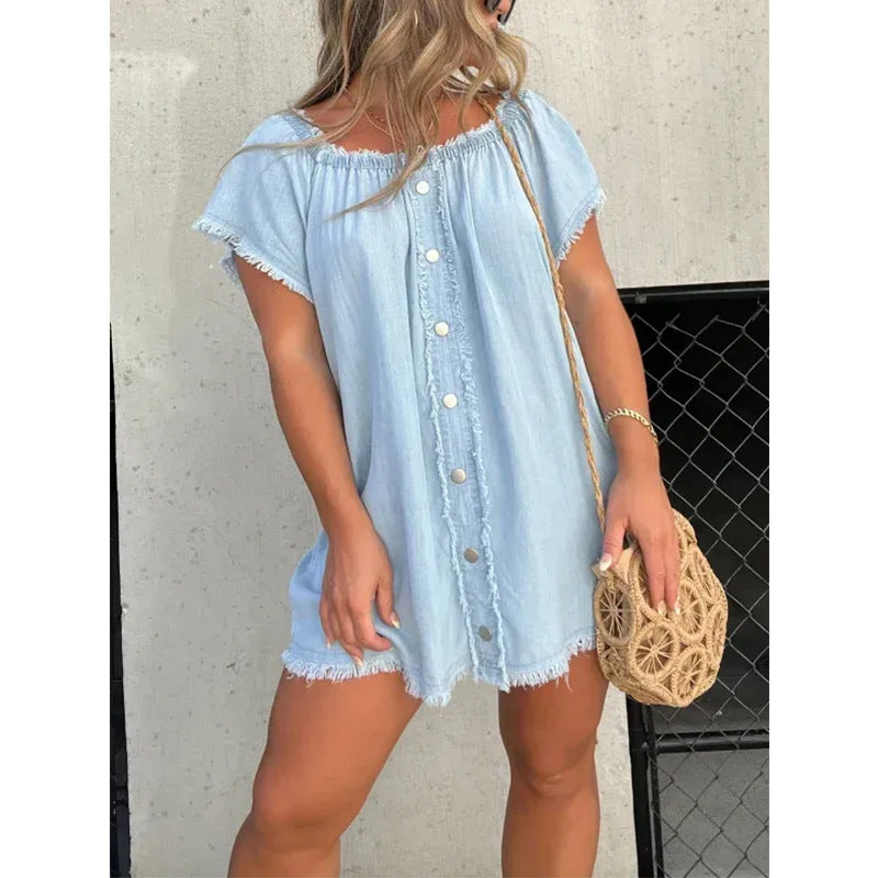 Women's Denim Off-shoulder Tassel Dress